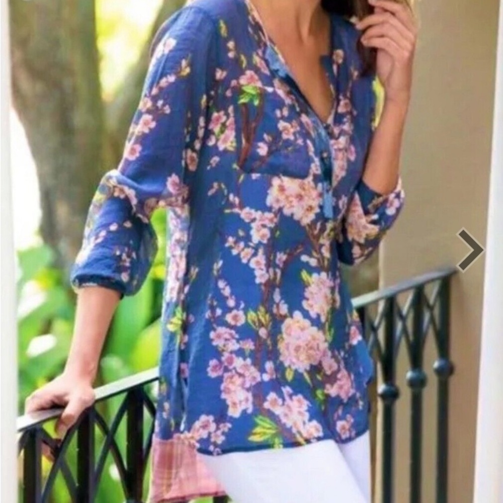 Soft Surroundings Adele Cherry Blossom Tunic Top V-Neck Long Sleeve Navy Blue